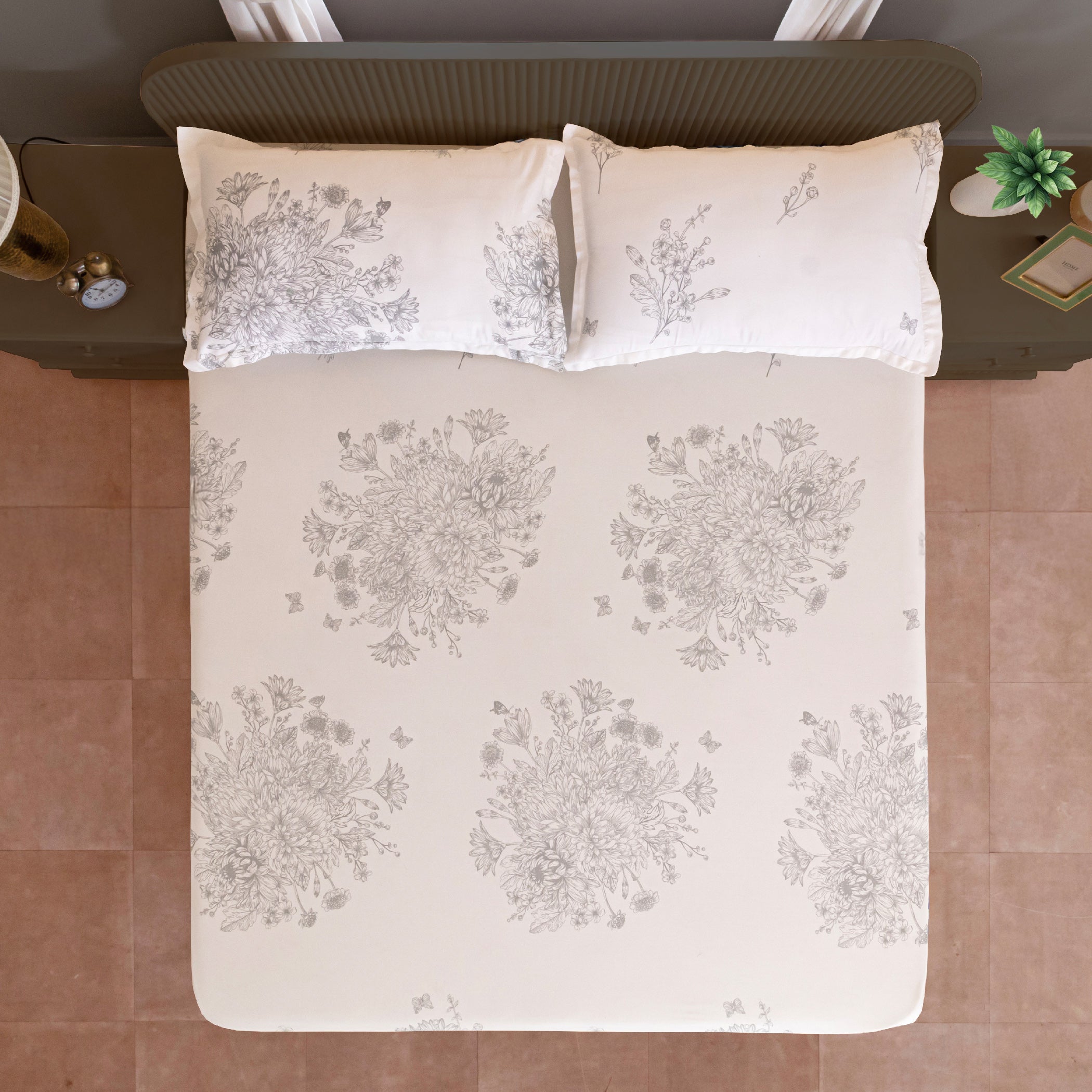 White Floral Printed 250 TC Cotton Queen Fitted Bedsheet with Matching 2 Pillow Covers (60x73x10 Inches)