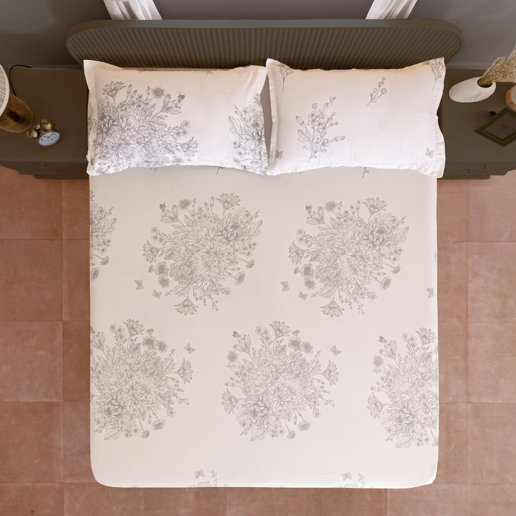 White Floral Printed 250 TC Cotton King Fitted Bedsheet with Matching 2 Pillow Covers (72x78x10 Inches)