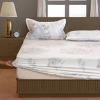 White Floral Printed 250 TC Cotton King Fitted Bedsheet with Matching 2 Pillow Covers (72x78x10 Inches)
