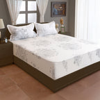White Floral Printed 250 TC Cotton Queen Fitted Bedsheet with Matching 2 Pillow Covers (60x73x10 Inches)