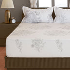 White Floral Printed 250 TC Cotton King Fitted Bedsheet with Matching 2 Pillow Covers (72x78x10 Inches)