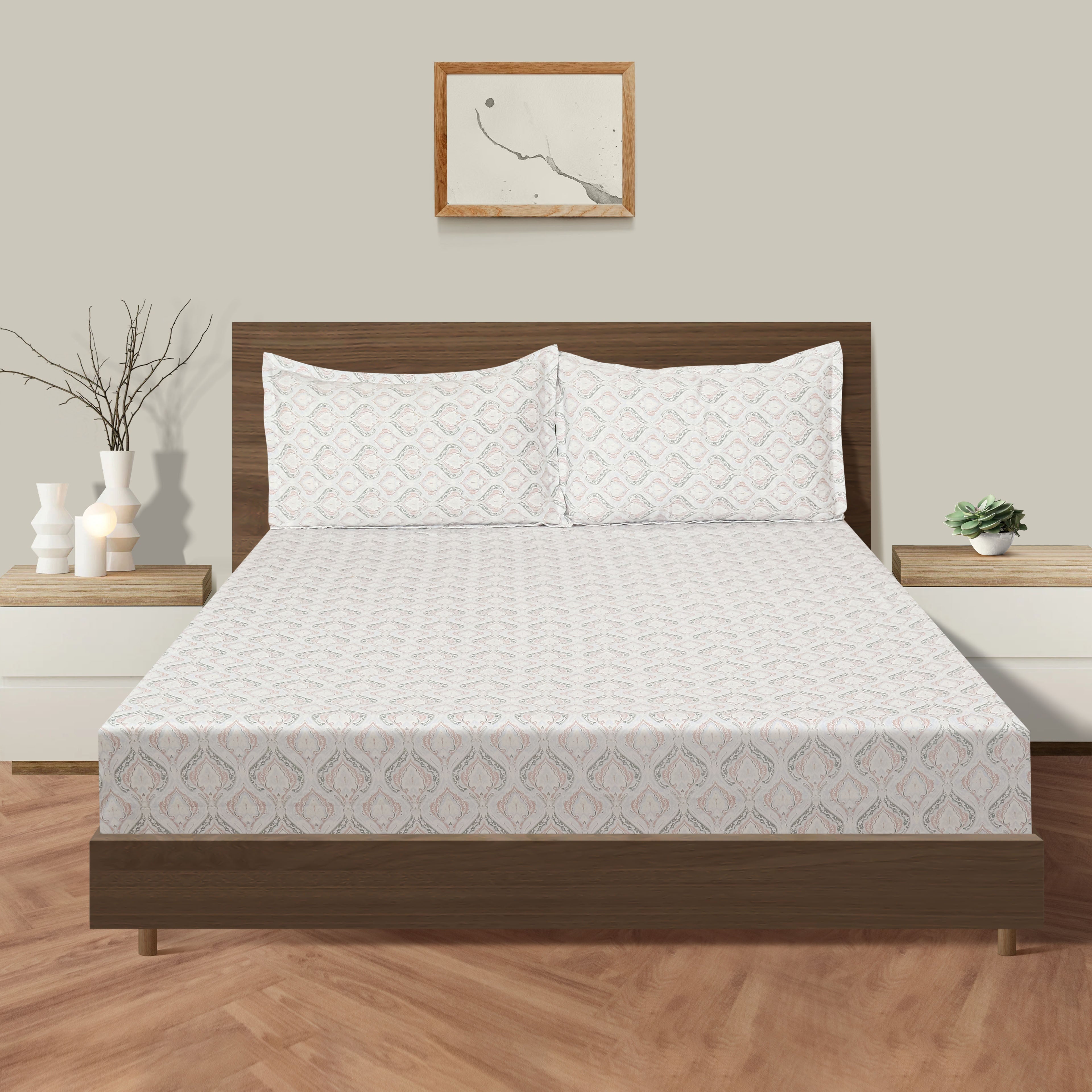 Cotton King Fitted Bedsheet with 2 Pillow Covers 250TC - White with Soft Pastel Ethnic Print (72x78x10 inches)