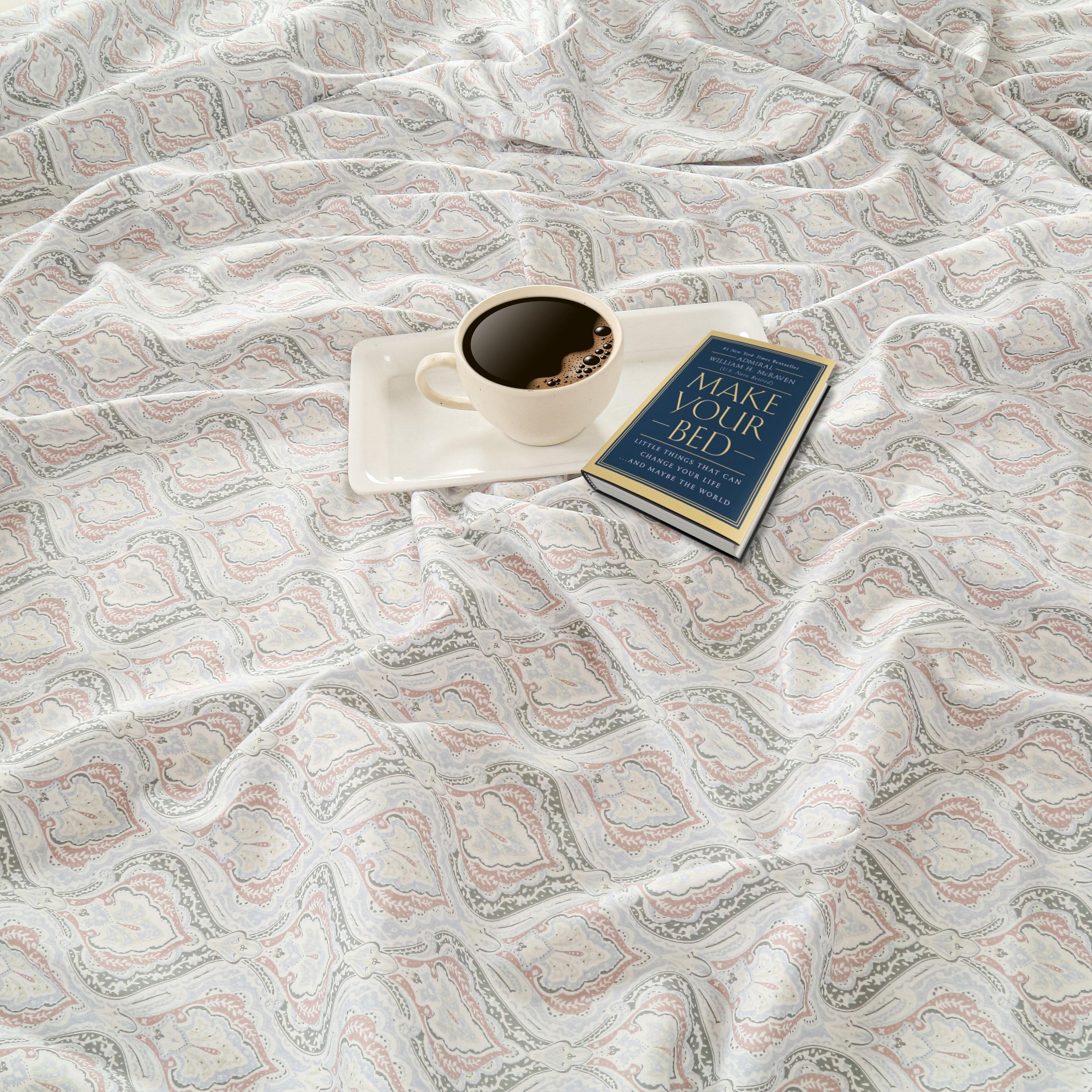 Cotton King Fitted Bedsheet with 2 Pillow Covers 250TC - White with Soft Pastel Ethnic Print (72x78x10 inches)