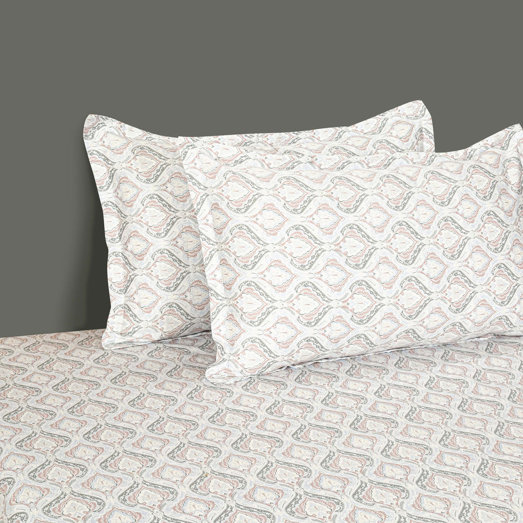 Cotton King Fitted Bedsheet with 2 Pillow Covers 250TC - White with Soft Pastel Ethnic Print (72x78x10 inches)