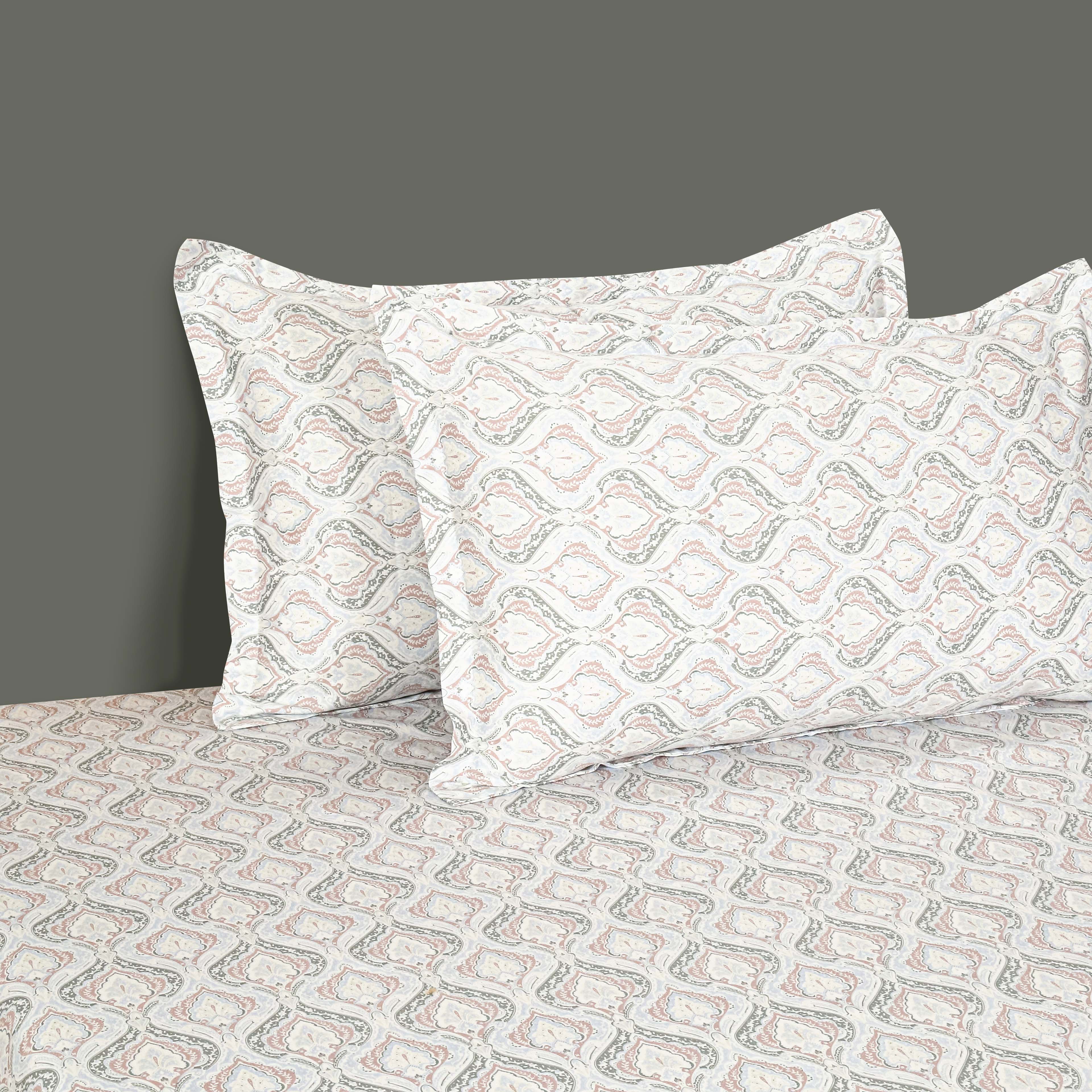 Cotton King Fitted Bedsheet with 2 Pillow Covers 250TC - White with Soft Pastel Ethnic Print (72x78x10 inches)