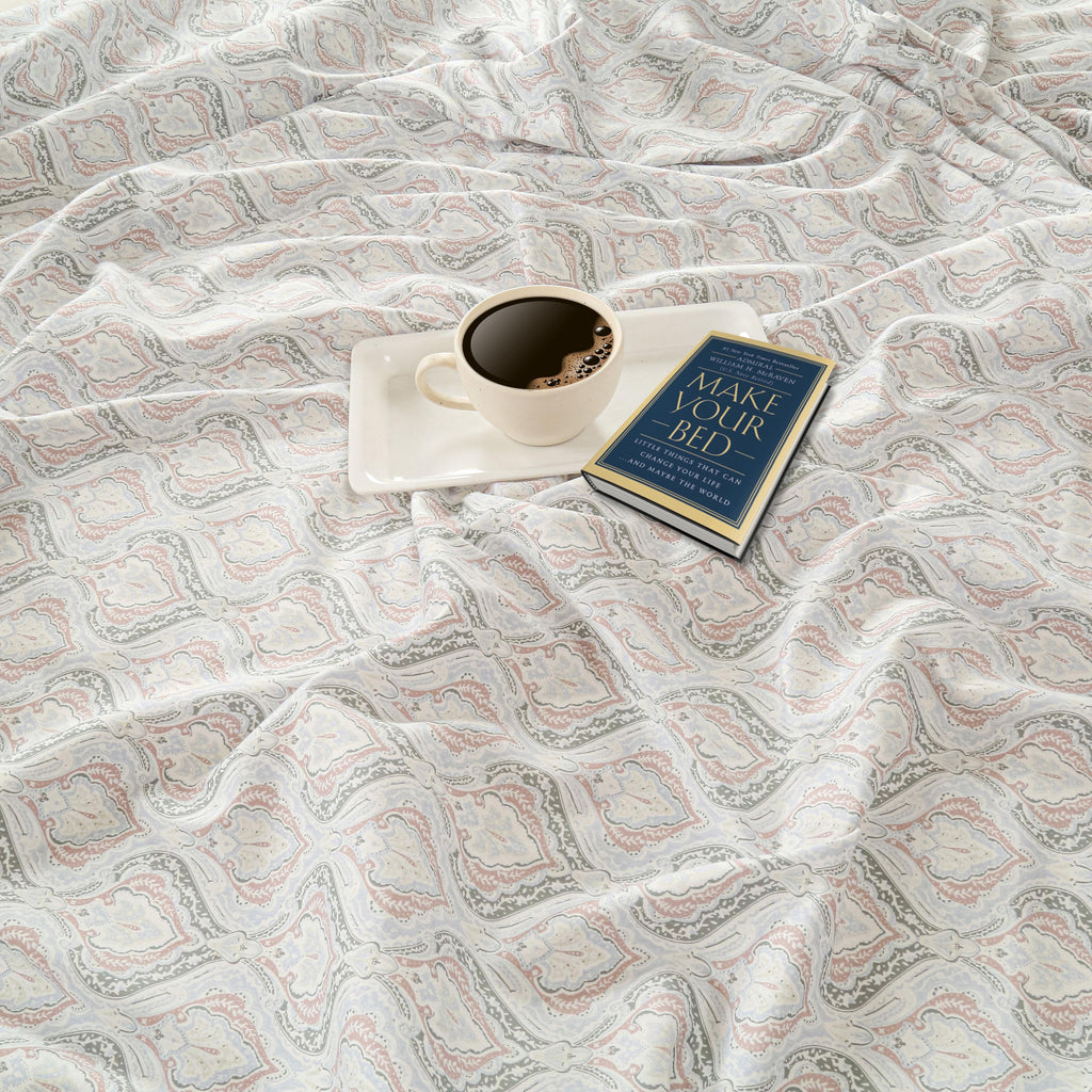 Cotton King Fitted Bedsheet with 2 Pillow Covers 250TC - White with Soft Pastel Ethnic Print (72x78x10 inches)