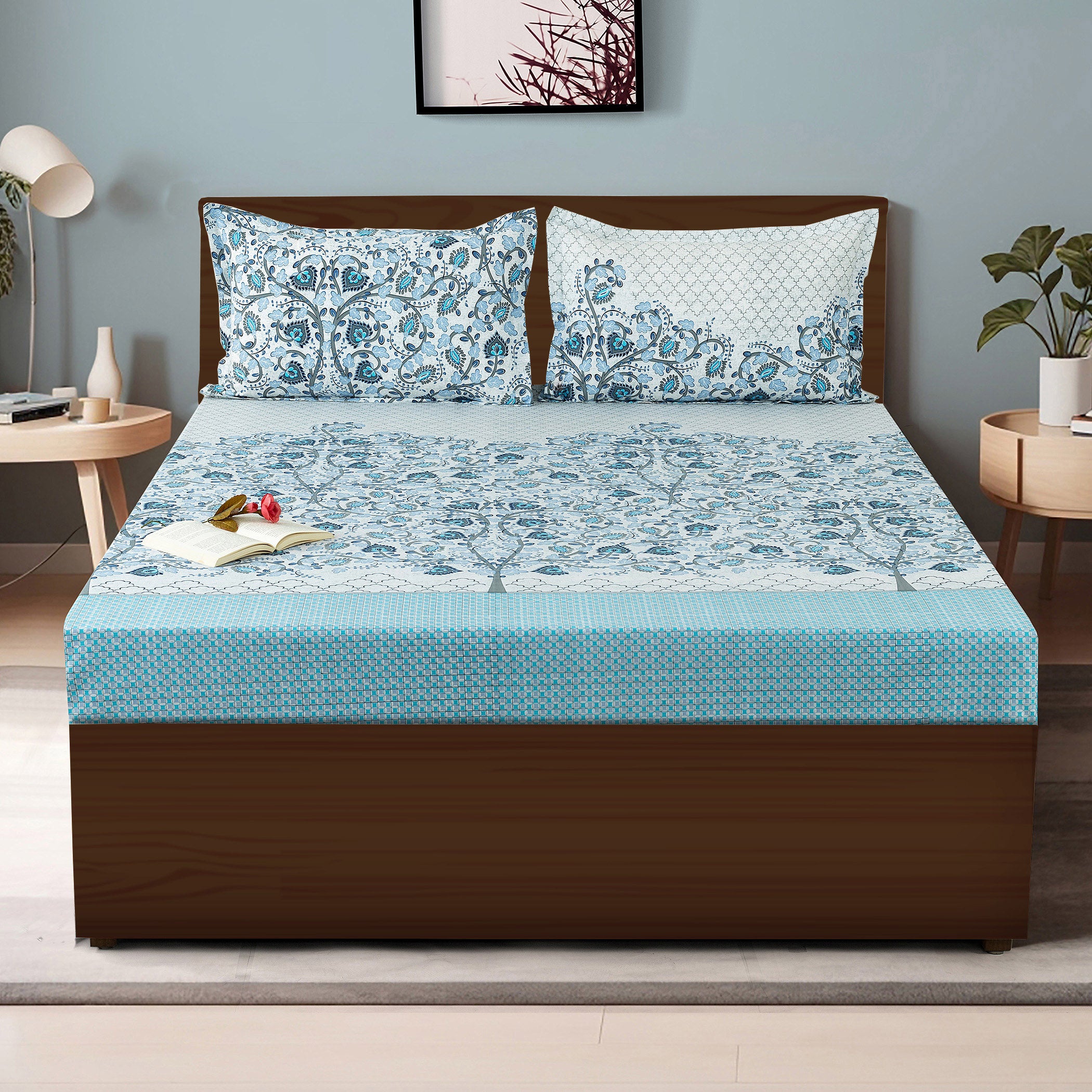 Blue Floral Printed 250 TC Cotton King Fitted Bedsheet with Matching 2 Pillow Covers (72x78x10 Inches)