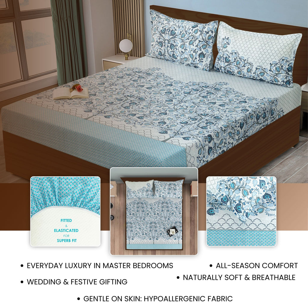 Blue Floral Printed 250 TC Cotton Queen Fitted Bedsheet with Matching 2 Pillow Covers