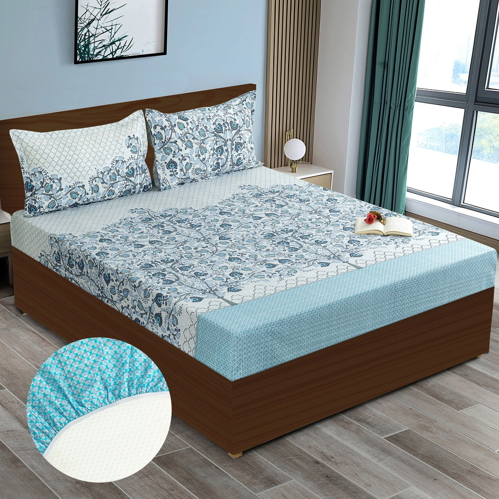 Blue Floral Printed 250 TC Cotton Queen Fitted Bedsheet with Matching 2 Pillow Covers