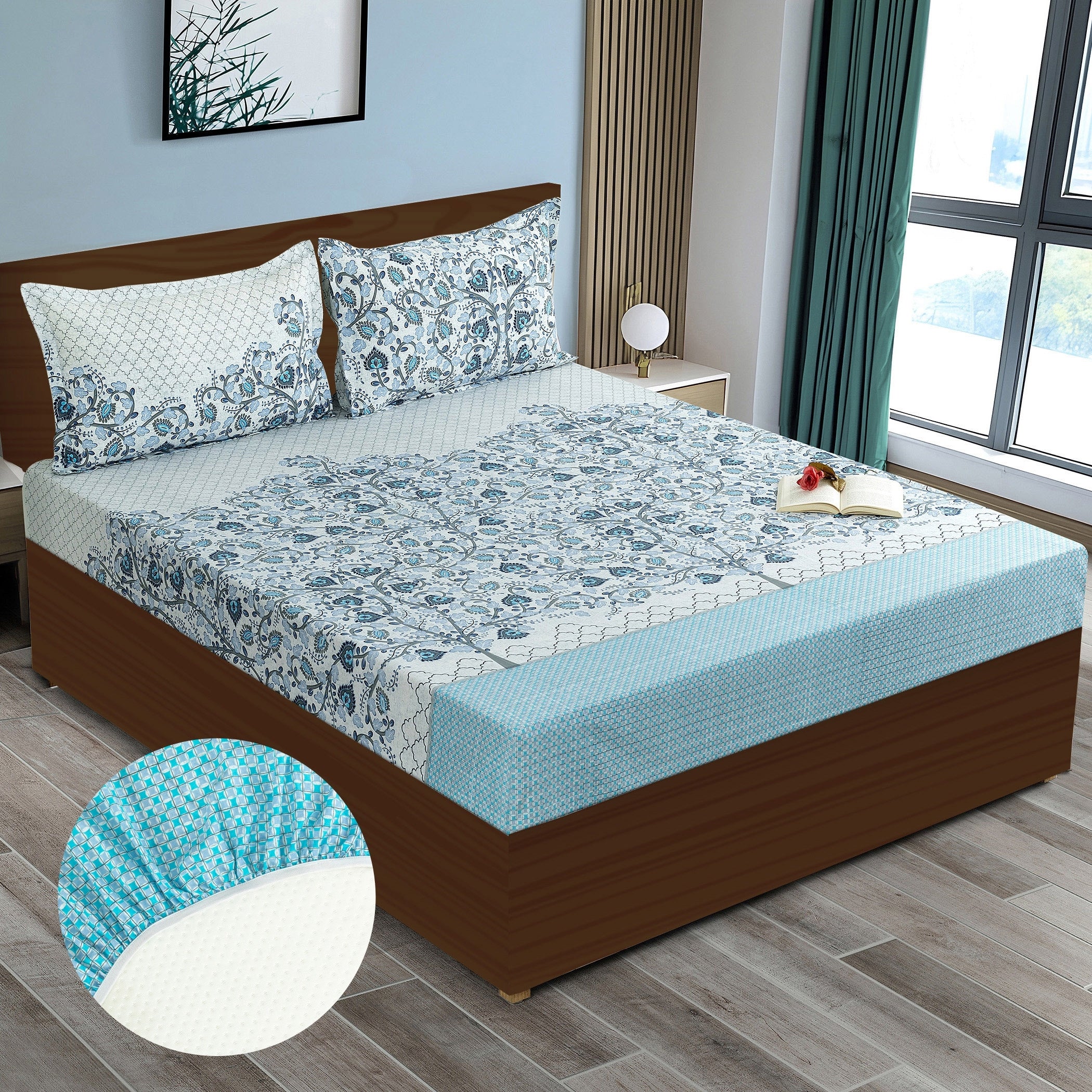 Blue Floral Printed 250 TC Cotton King Fitted Bedsheet with Matching 2 Pillow Covers (72x78x10 Inches)