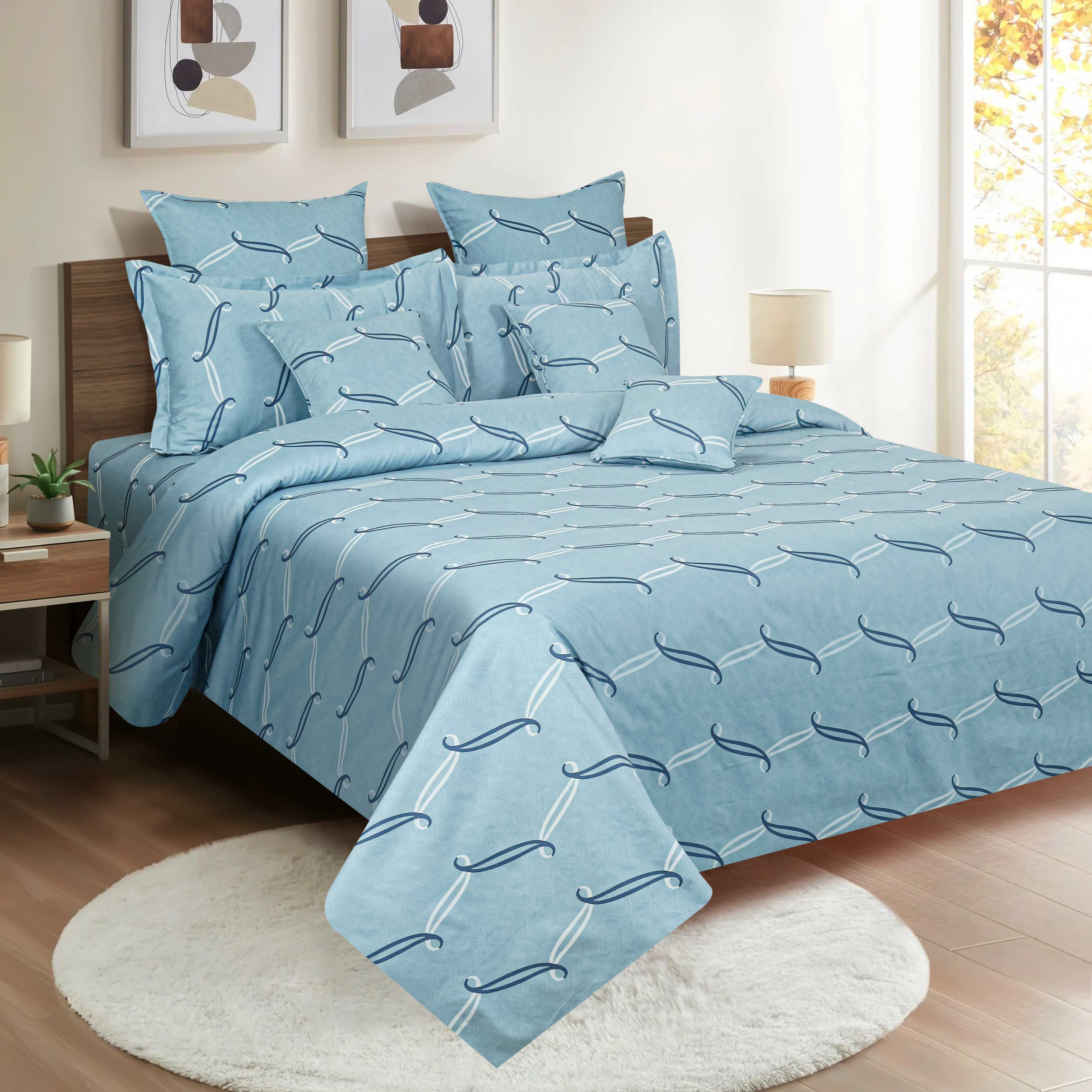Cotton King Fitted Bedsheet with 2 Pillow Covers 250TC - Sky Blue Geometric Pattern (72x78x10 inches)