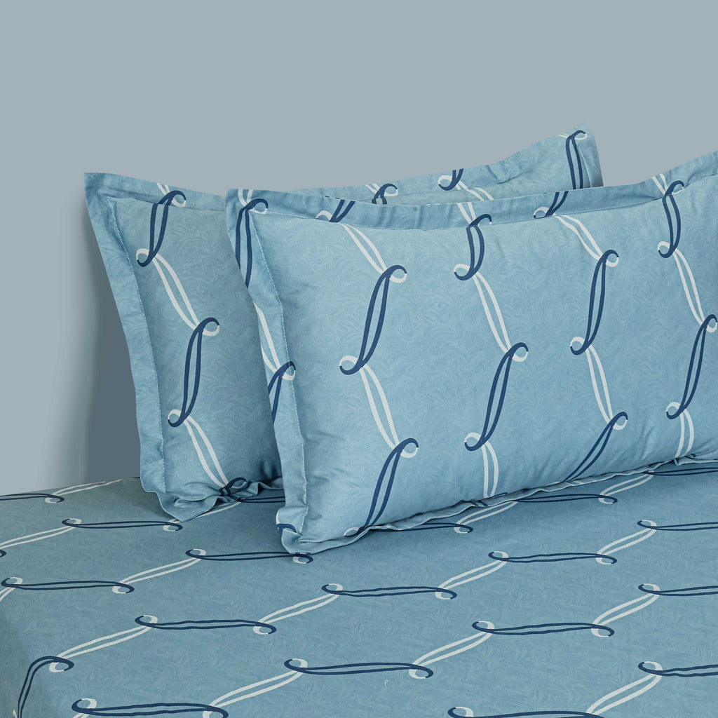 Cotton King Fitted Bedsheet with 2 Pillow Covers 250TC - Sky Blue Geometric Pattern (72x78x10 inches)