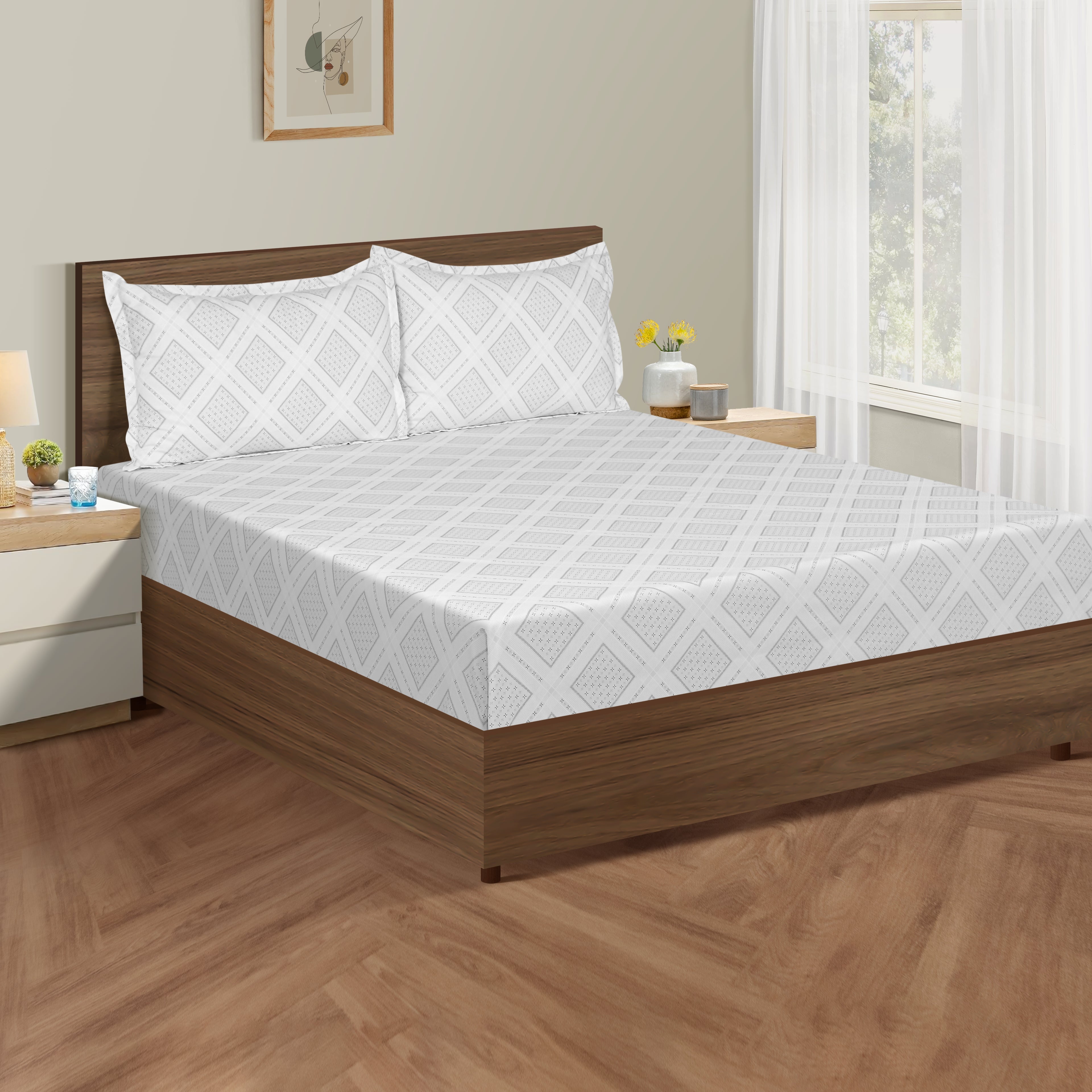 Cotton King Fitted Bedsheet with 2 Pillow Covers 250TC - Beige with Minimal Floral Print (72x78x10 inches)
