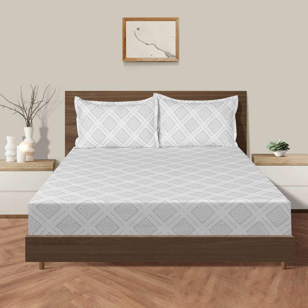 Cotton King Fitted Bedsheet with 2 Pillow Covers 250TC - Beige with Minimal Floral Print (72x78x10 inches)