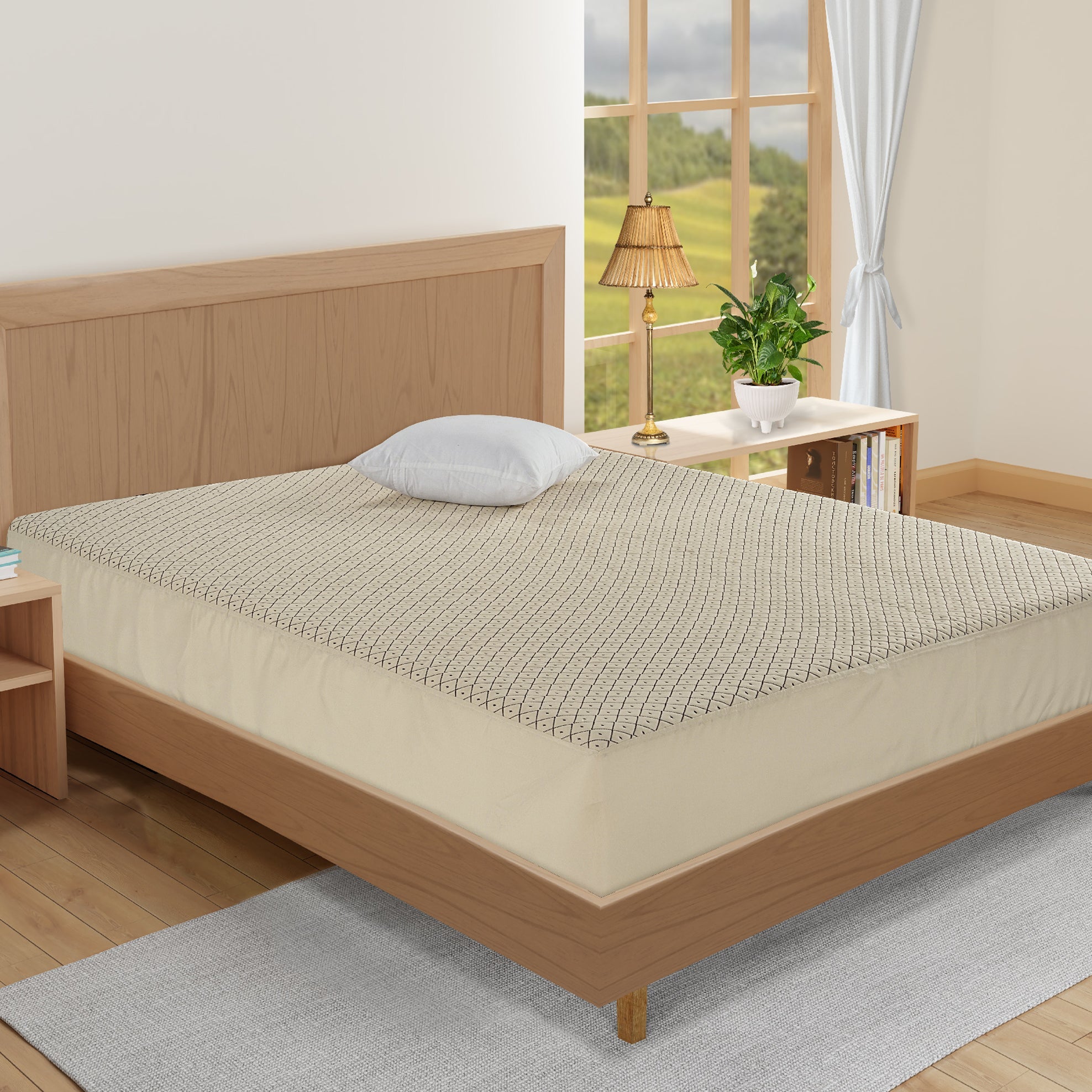 King Waterproof Fitted Mattress Protector – Beige with Geometric Pattern (72 x 78 inch)