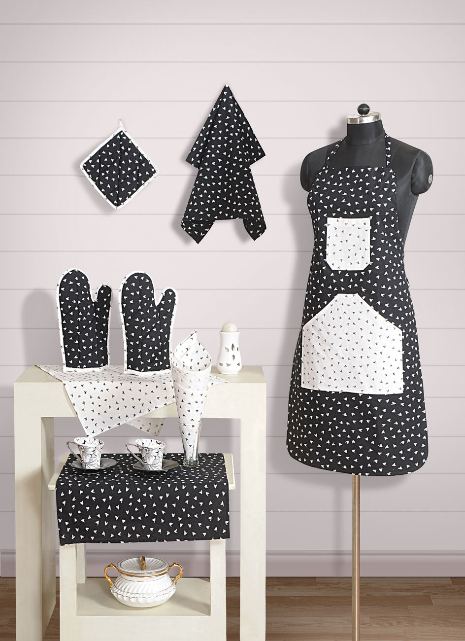 Modern Black & White Printed Cotton Kitchen Apron Set with Gloves & Accessories