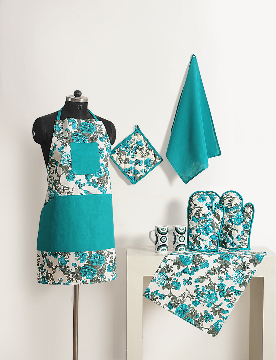 8 Pcs Premium Floral Kitchen Set – Teal Blue