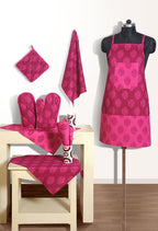 Printed Cotton Kitchen Apron Set with Oven Mitts, Pot Holder & Towels - Pink