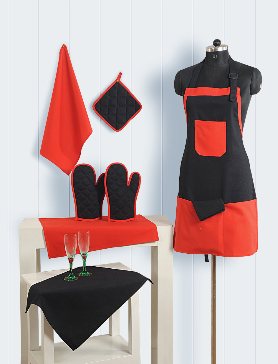 Premium Cotton Kitchen Apron Set with Oven Mitts, Pot Holder & Towels - Black & Red