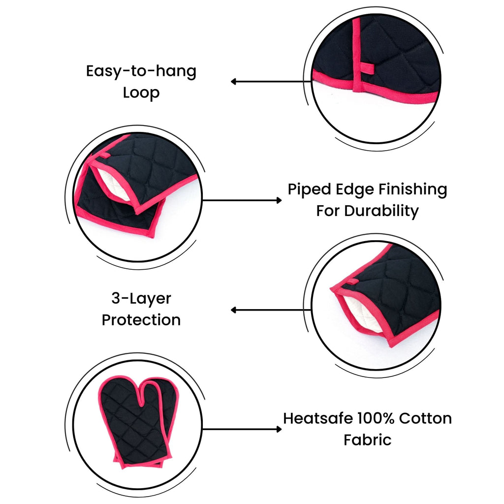 Premium Cotton Kitchen Apron Set with Oven Mitts, Pot Holder & Towels - Black & Red