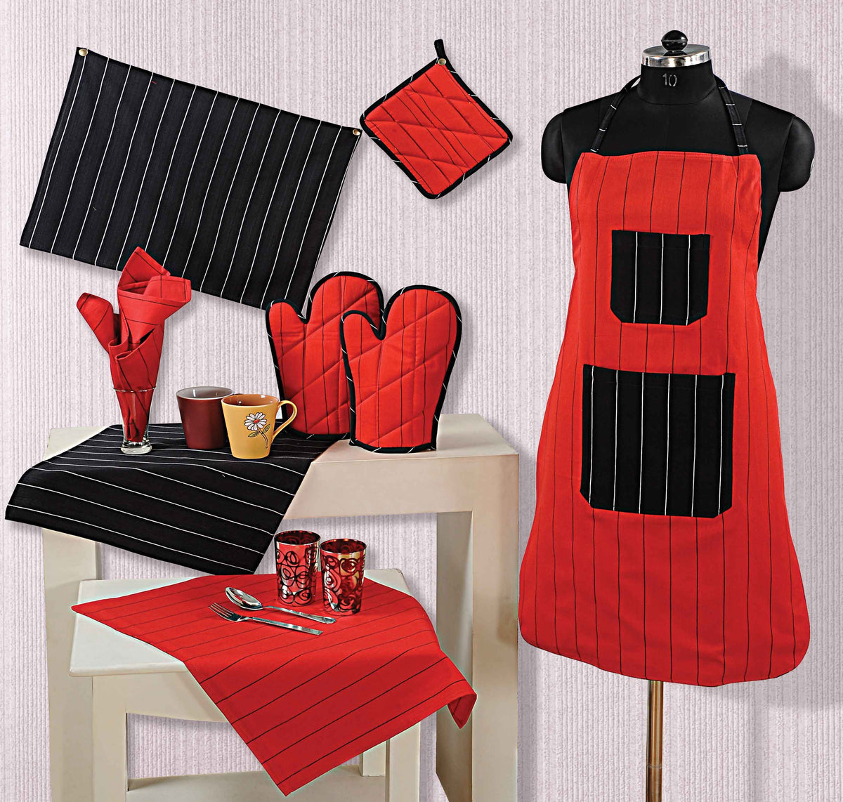 Classic Red & Black Stripe Cotton Kitchen Linen Set (Apron, Oven Gloves, Pot Holder & Towels)