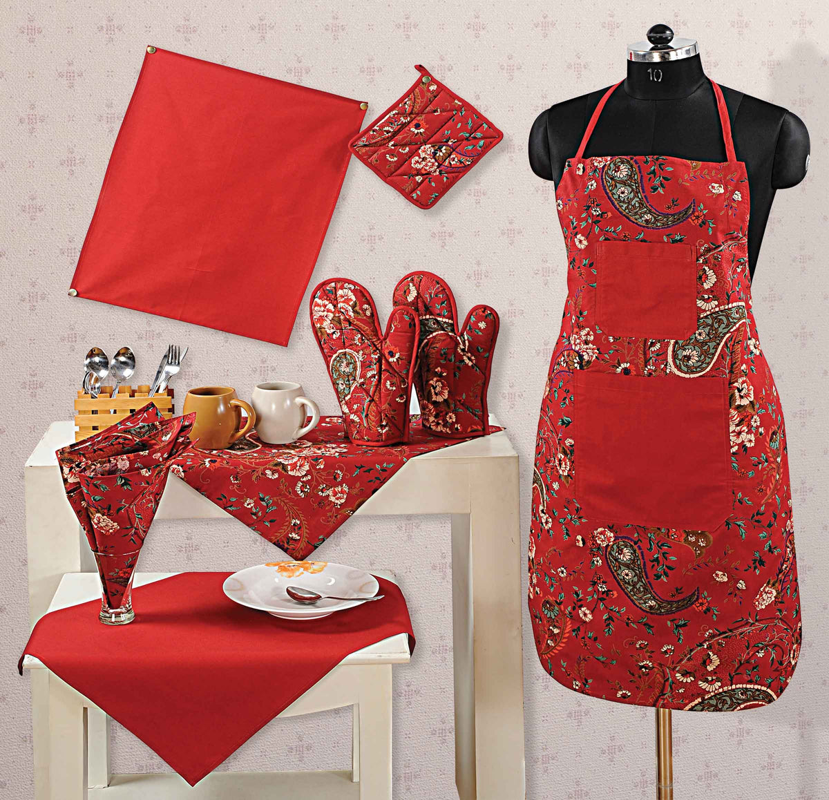 8 Pcs Premium Kitchen Set – Red Floral Paisley Print