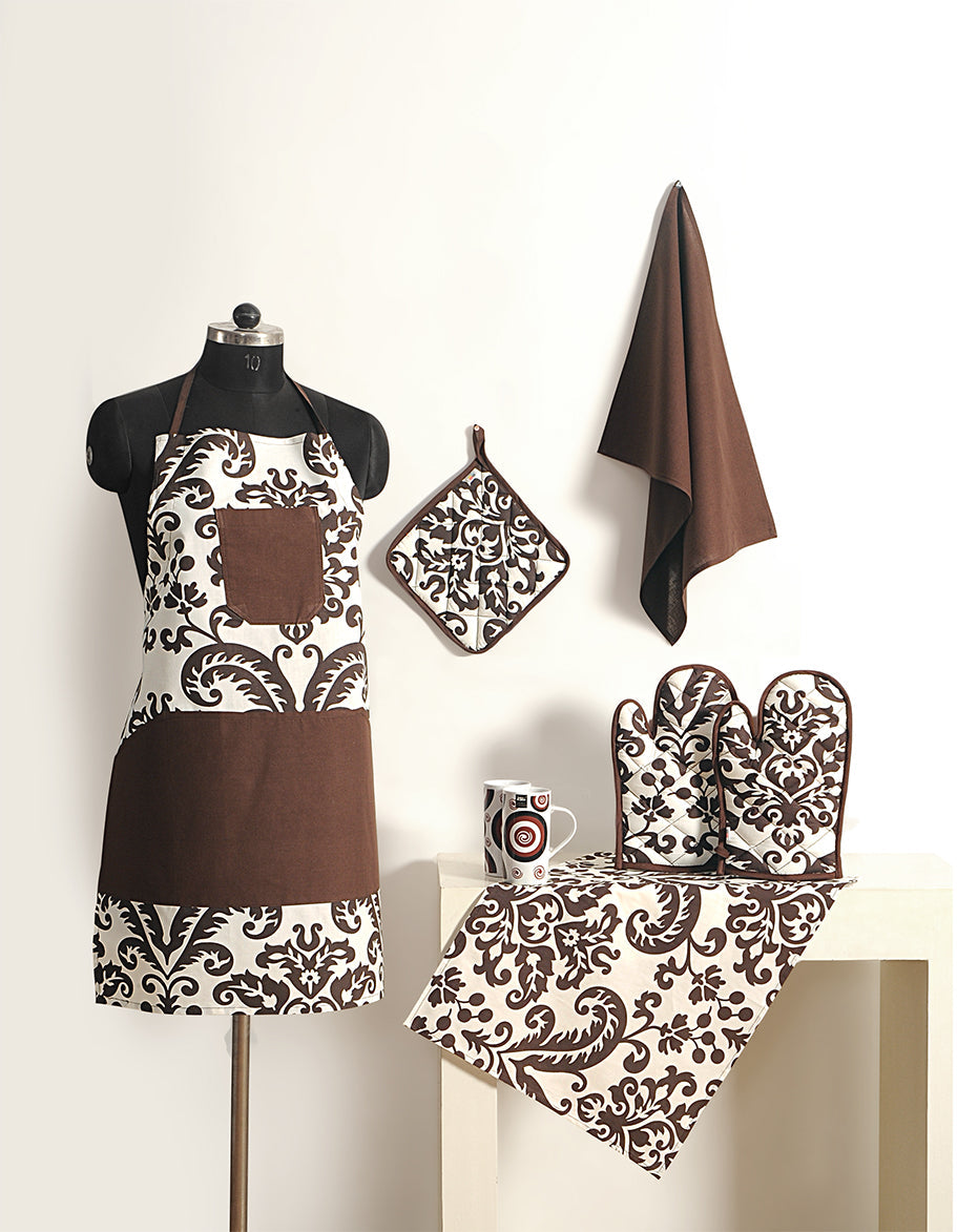 Elegant Brown Floral Cotton Kitchen Linen Set (Apron, Oven Gloves, Pot Holder & Towels)