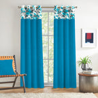 Turquoise Floral Border 220 GSM Cotton Casement Eyelet Curtain