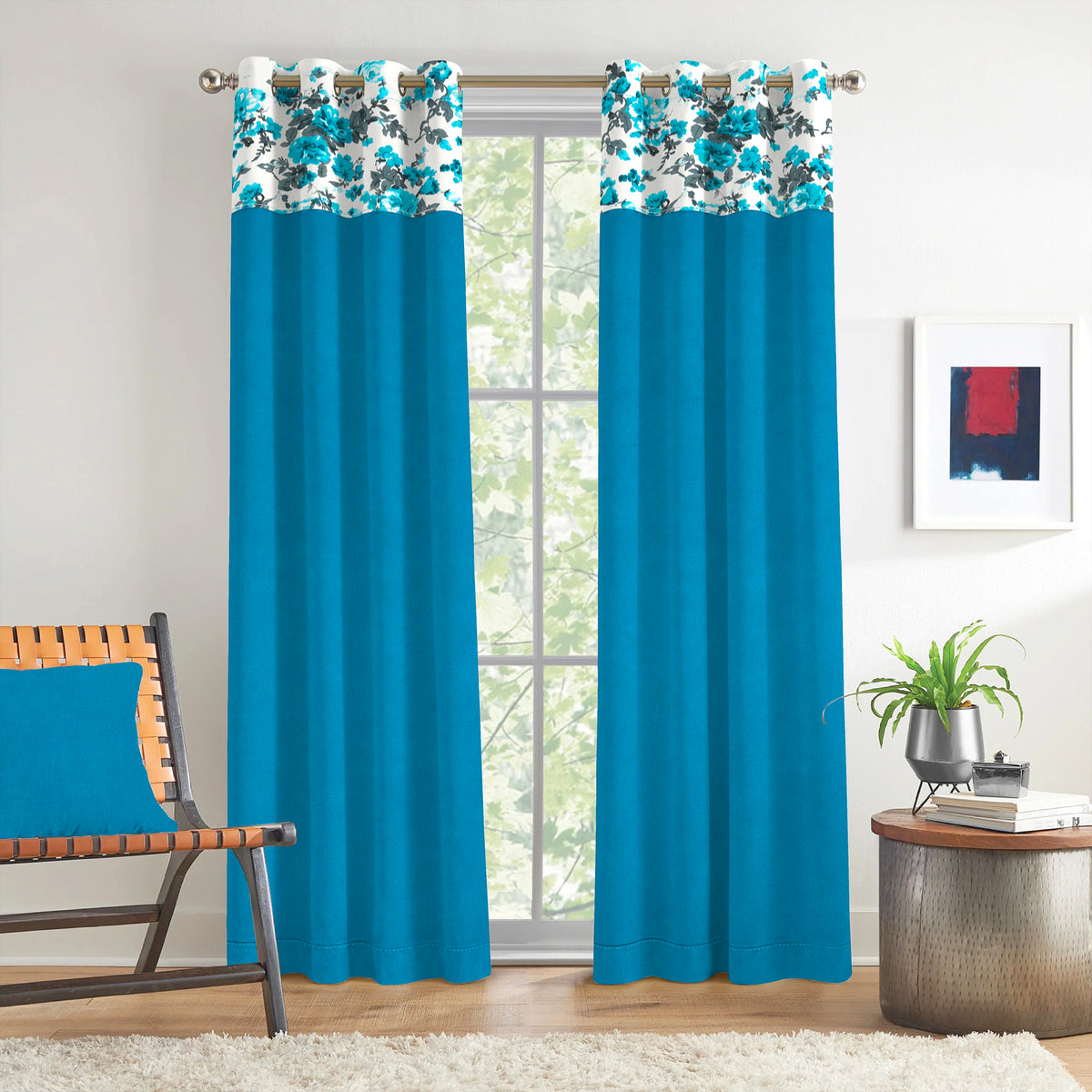 Turquoise Floral Border 220 GSM Cotton Casement Eyelet Curtain
