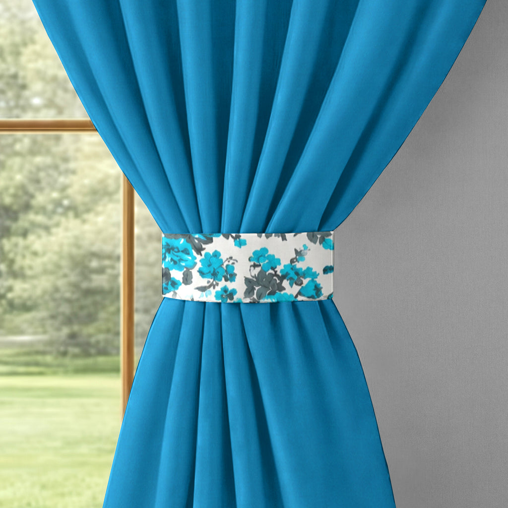 Turquoise Floral Border 220 GSM Cotton Casement Eyelet Curtain