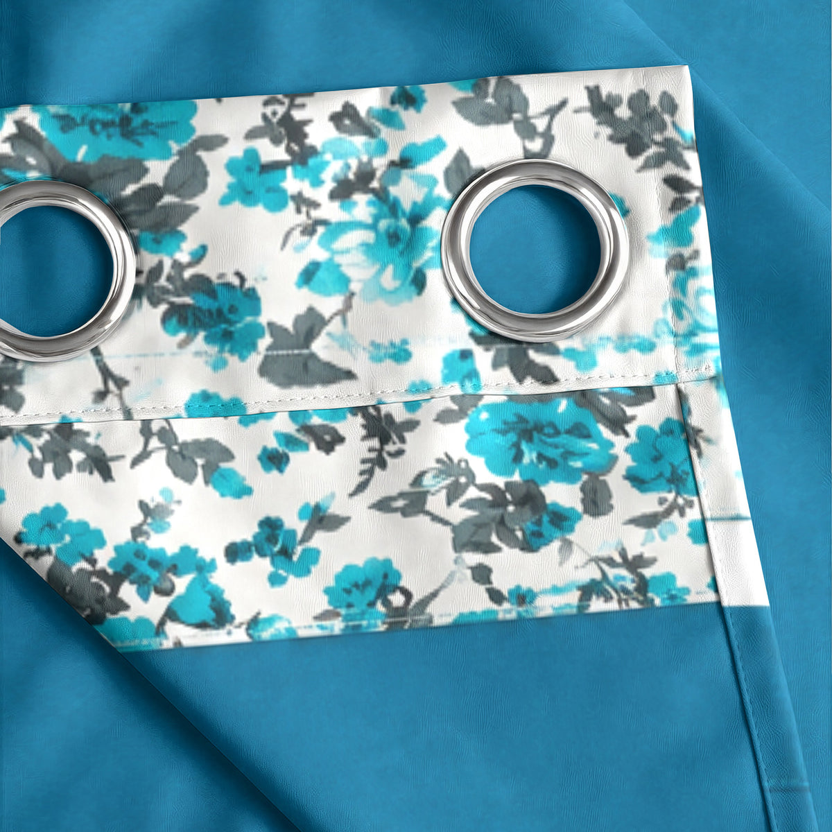 Turquoise Floral Border 220 GSM Cotton Casement Eyelet Curtain