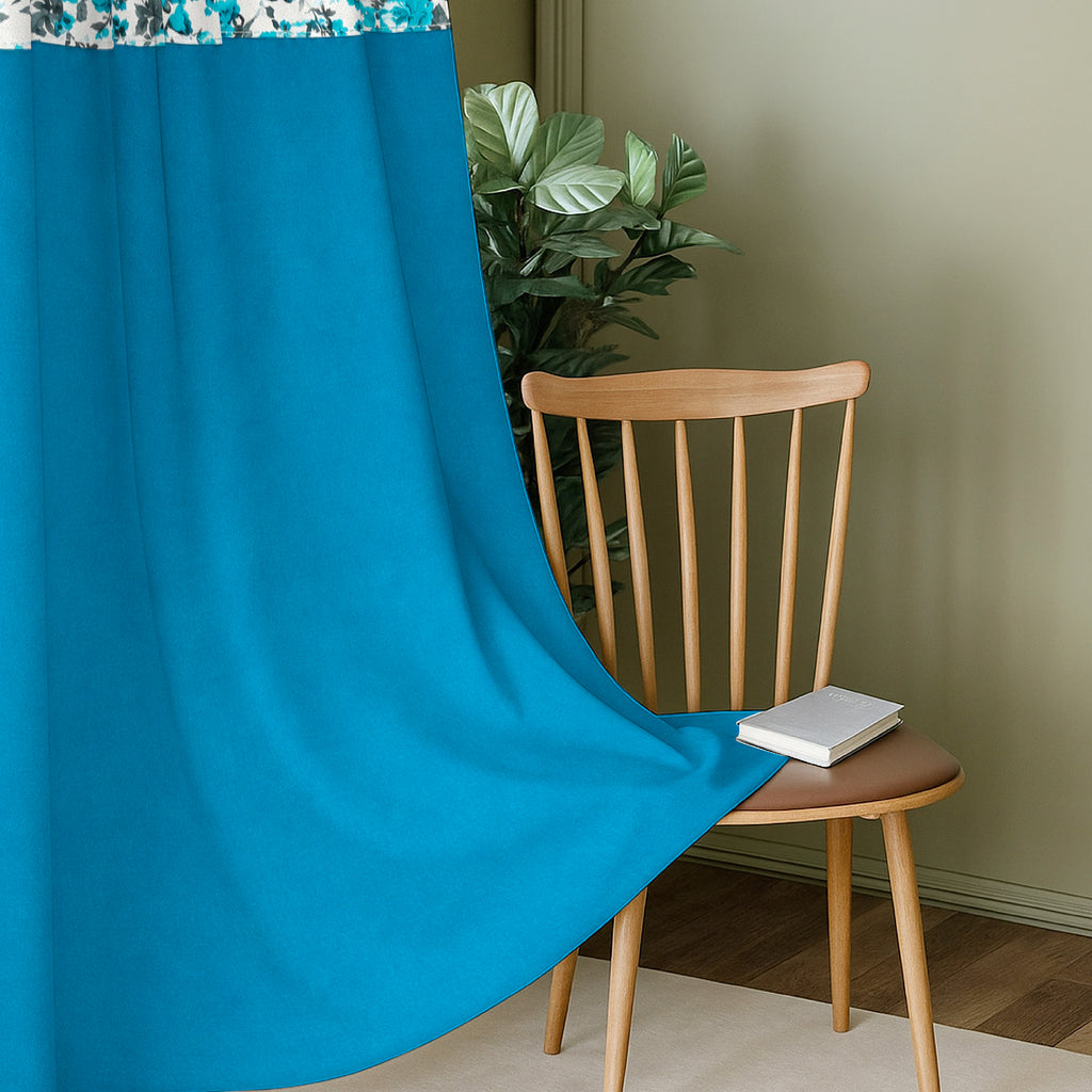 Turquoise Floral Border 220 GSM Cotton Casement Eyelet Curtain