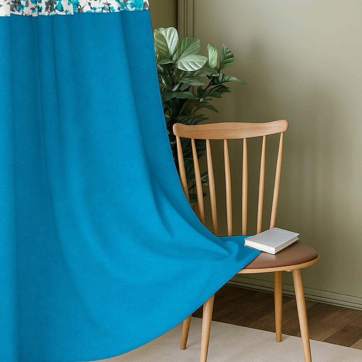 Turquoise Floral Border 220 GSM Cotton Casement Eyelet Curtain
