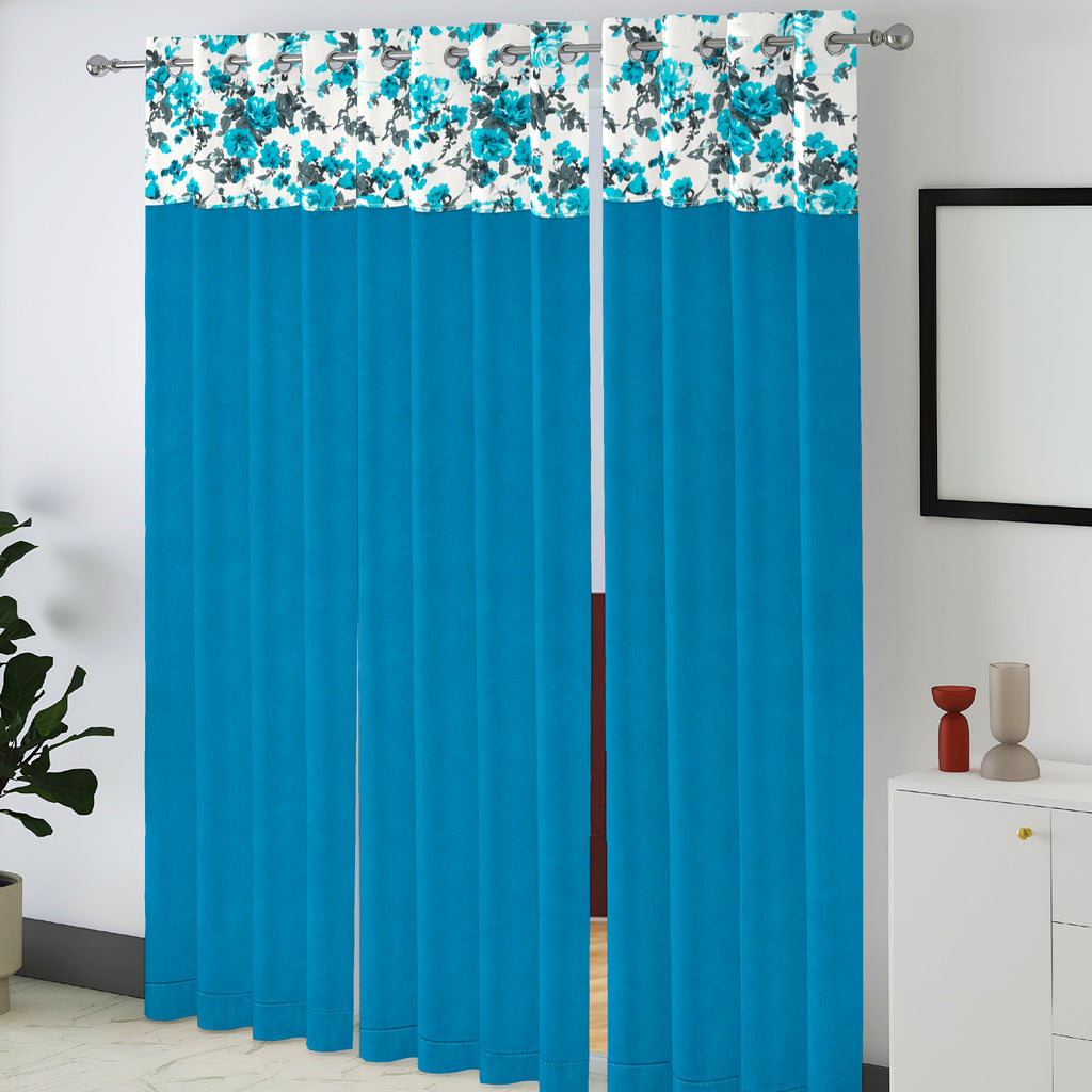 Turquoise Floral Border 220 GSM Cotton Casement Eyelet Curtain