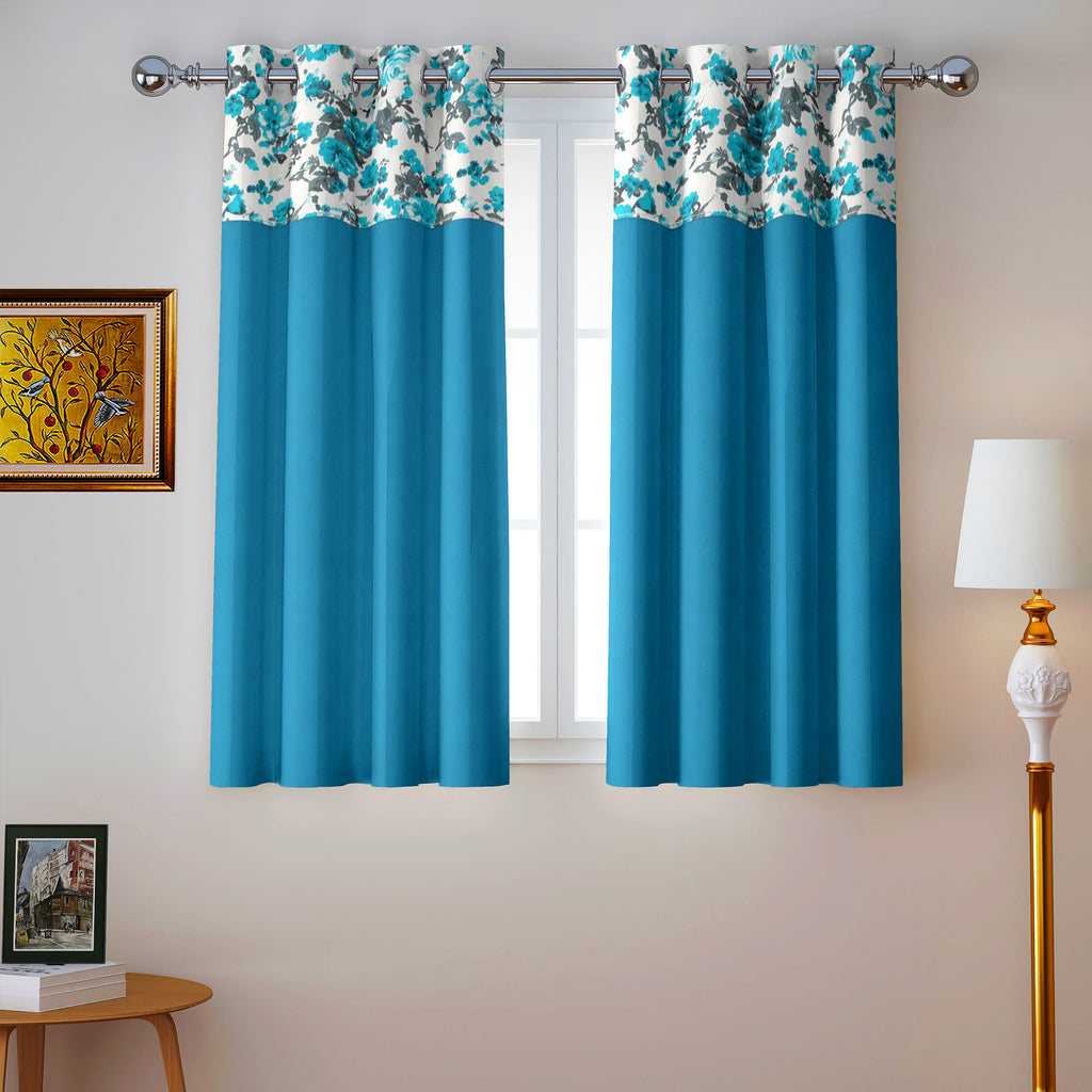 Turquoise Floral Border 220 GSM Cotton Casement Eyelet Curtain
