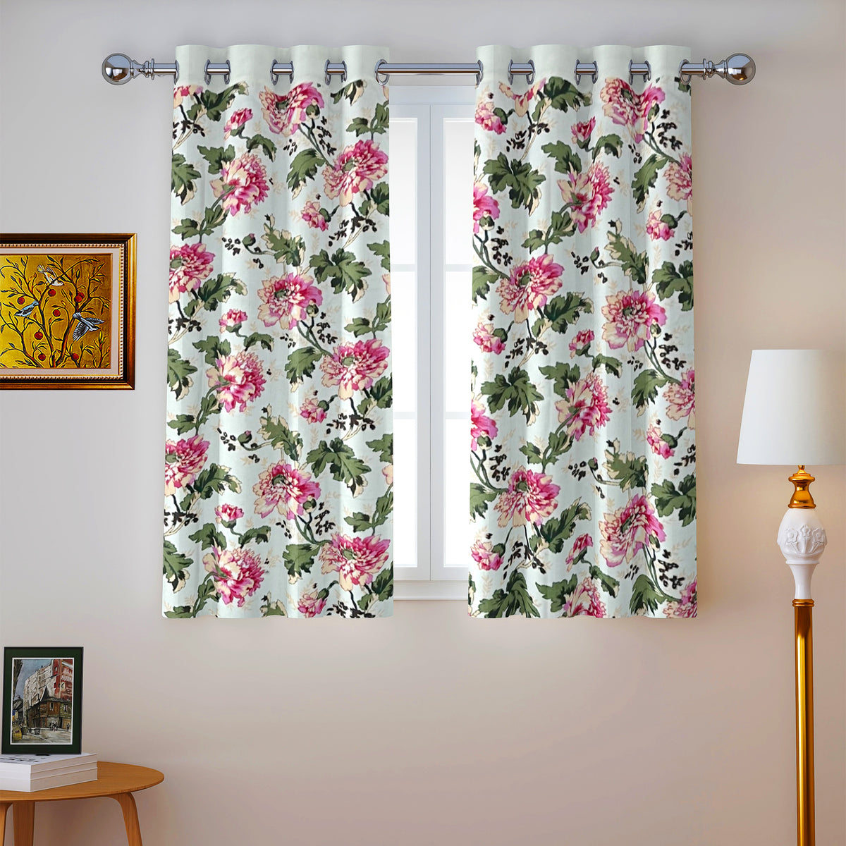 Ivory Pink Garden Bloom 220 GSM Cotton Casement Eyelet Curtain