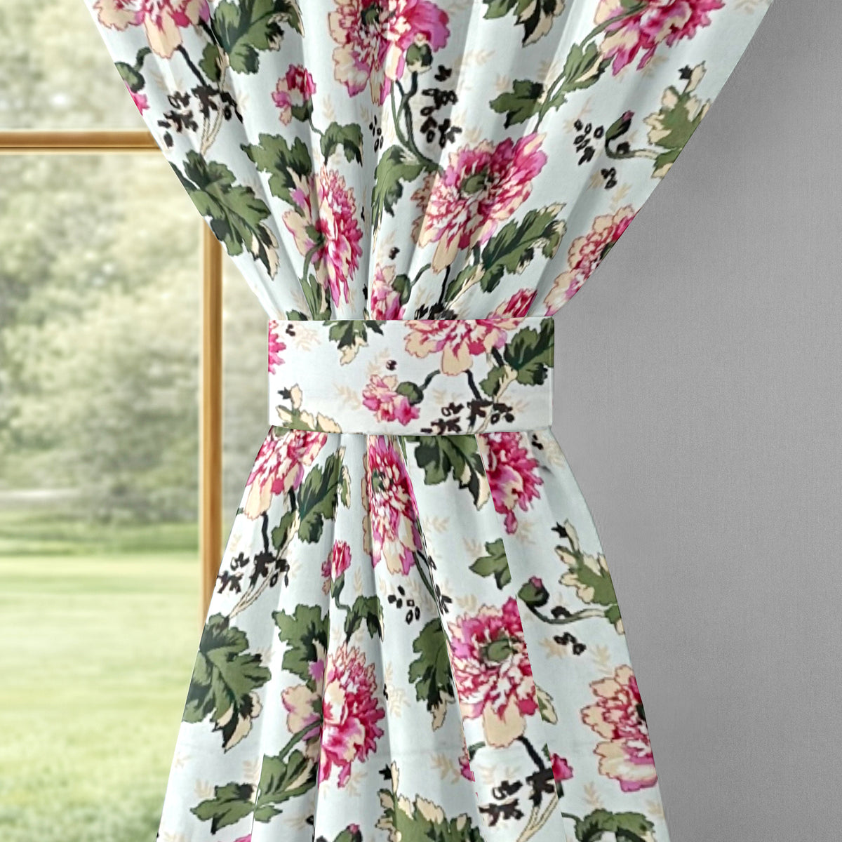 Ivory Pink Garden Bloom 220 GSM Cotton Casement Eyelet Curtain