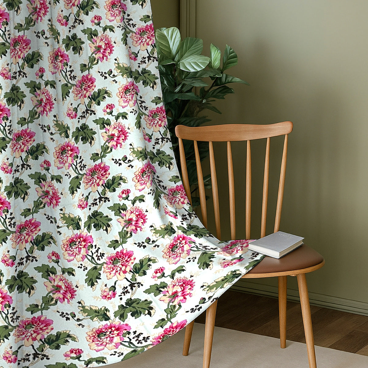 Ivory Pink Garden Bloom 220 GSM Cotton Casement Eyelet Curtain