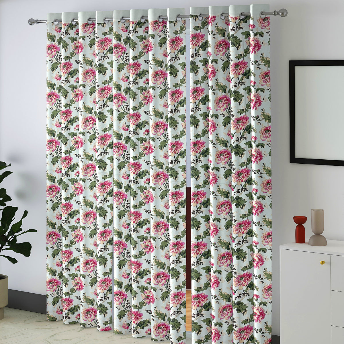 Ivory Pink Garden Bloom 220 GSM Cotton Casement Eyelet Curtain