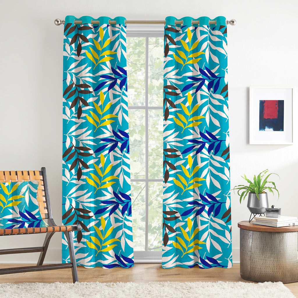 Turquoise Botanical Border 220 GSM Cotton Casement Eyelet Curtain