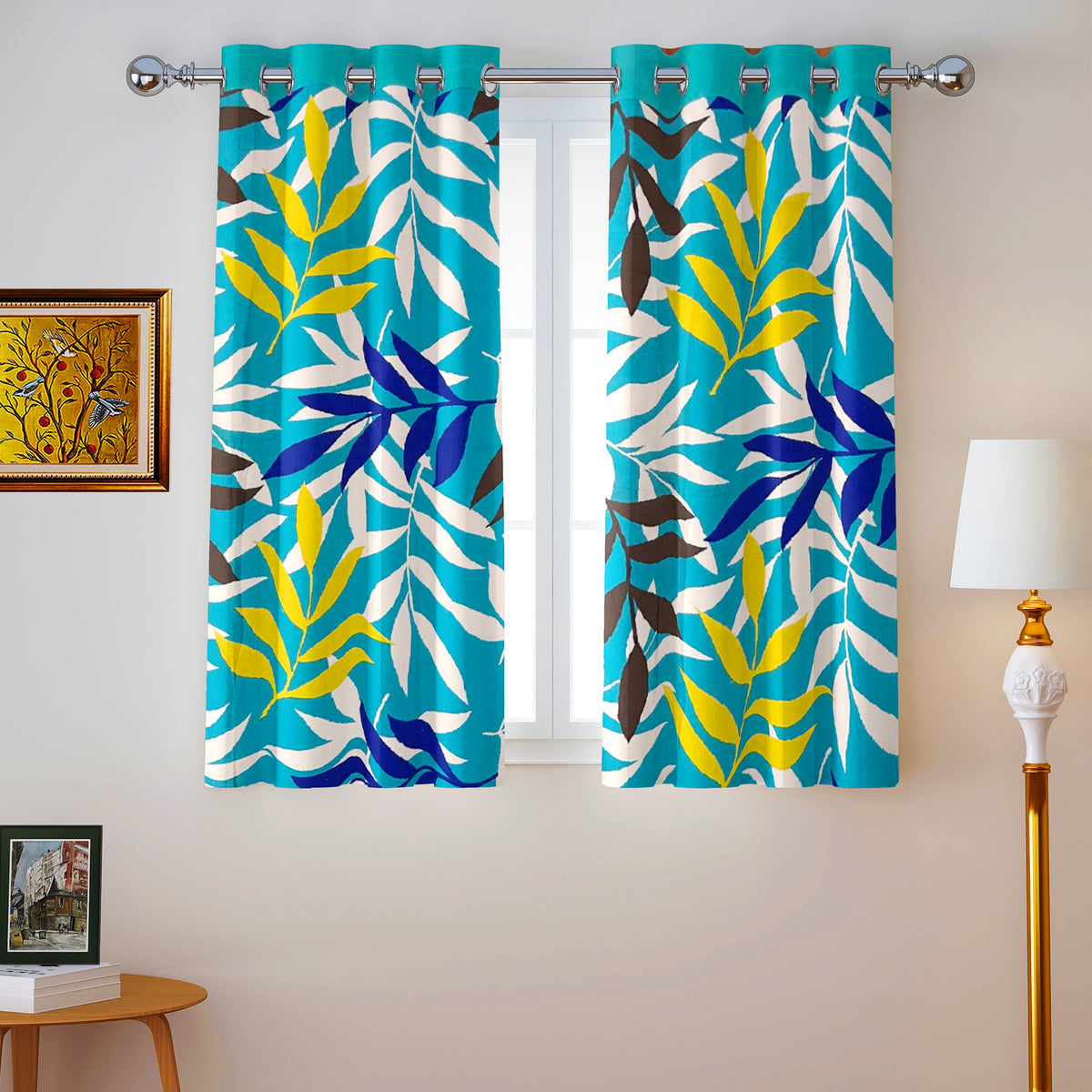 Turquoise Botanical Border 220 GSM Cotton Casement Eyelet Curtain