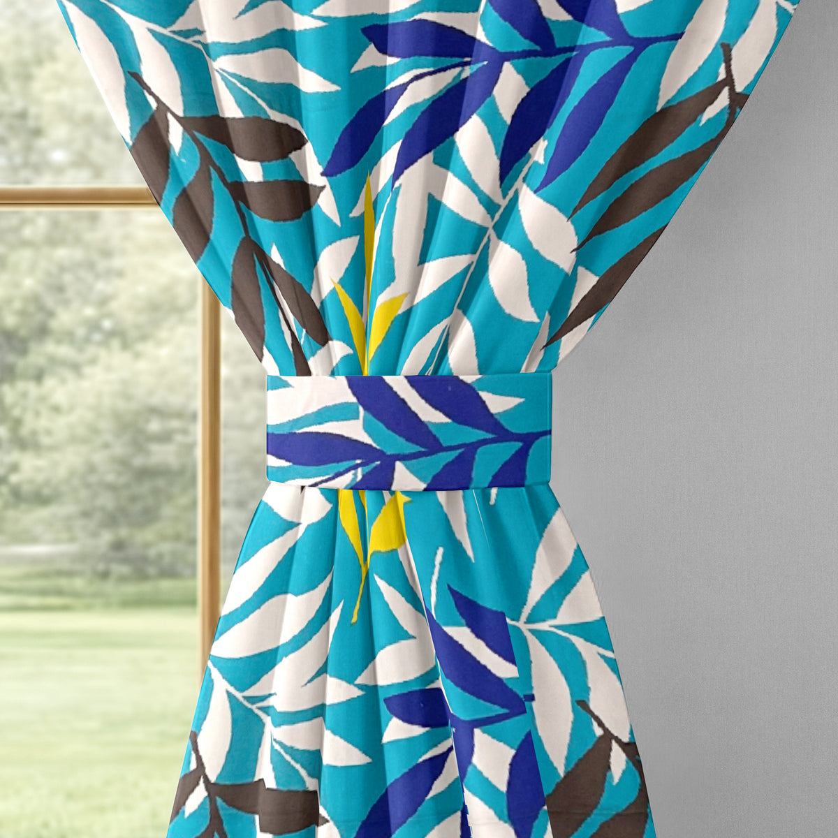 Turquoise Botanical Border 220 GSM Cotton Casement Eyelet Curtain