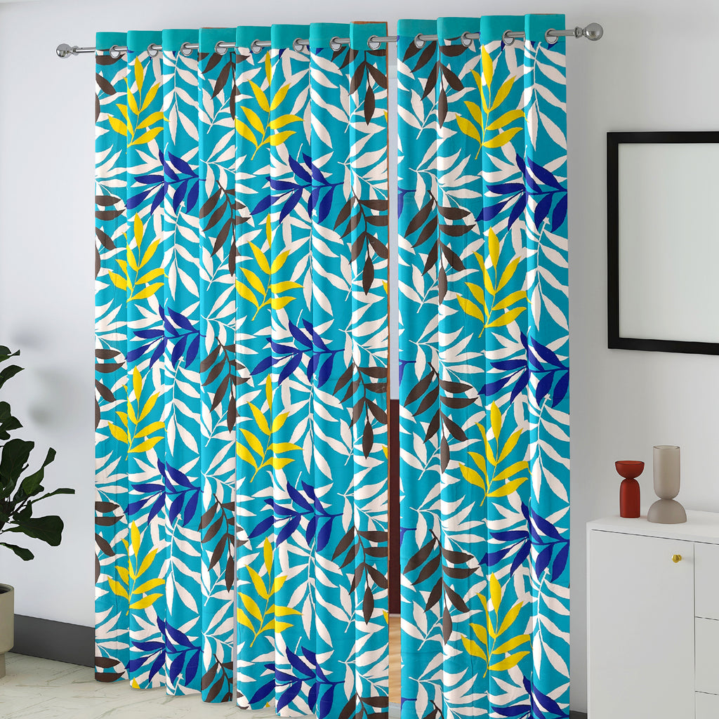 Turquoise Botanical Border 220 GSM Cotton Casement Eyelet Curtain