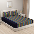 Midnight Rainbow Stripes 240 TC Pure Cotton Bedsheet Set with Pillow Cover