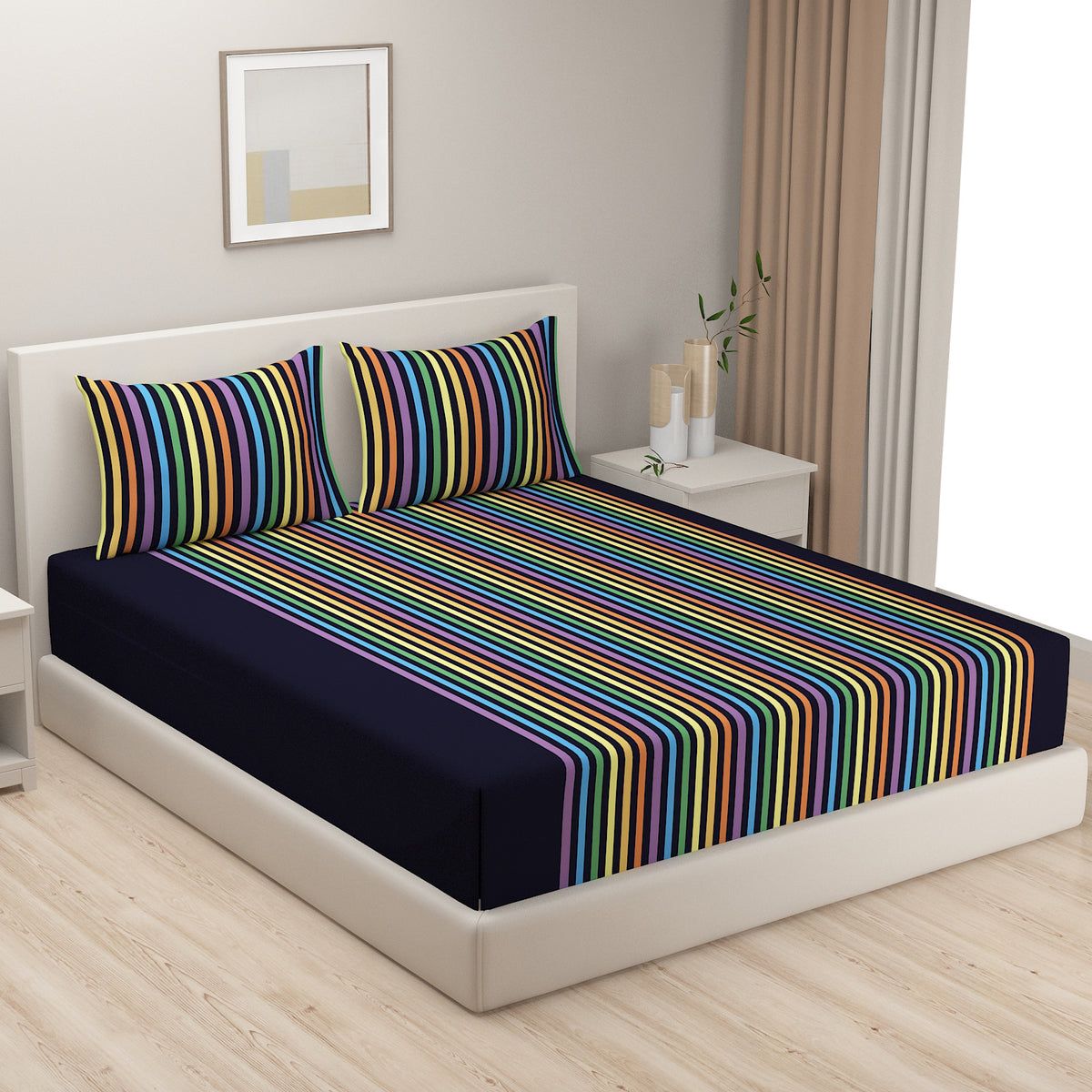 Midnight Rainbow Stripes 240 TC Pure Cotton Bedsheet Set with Pillow Cover