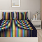 Midnight Rainbow Stripes 240 TC Pure Cotton Bedsheet Set with Pillow Cover