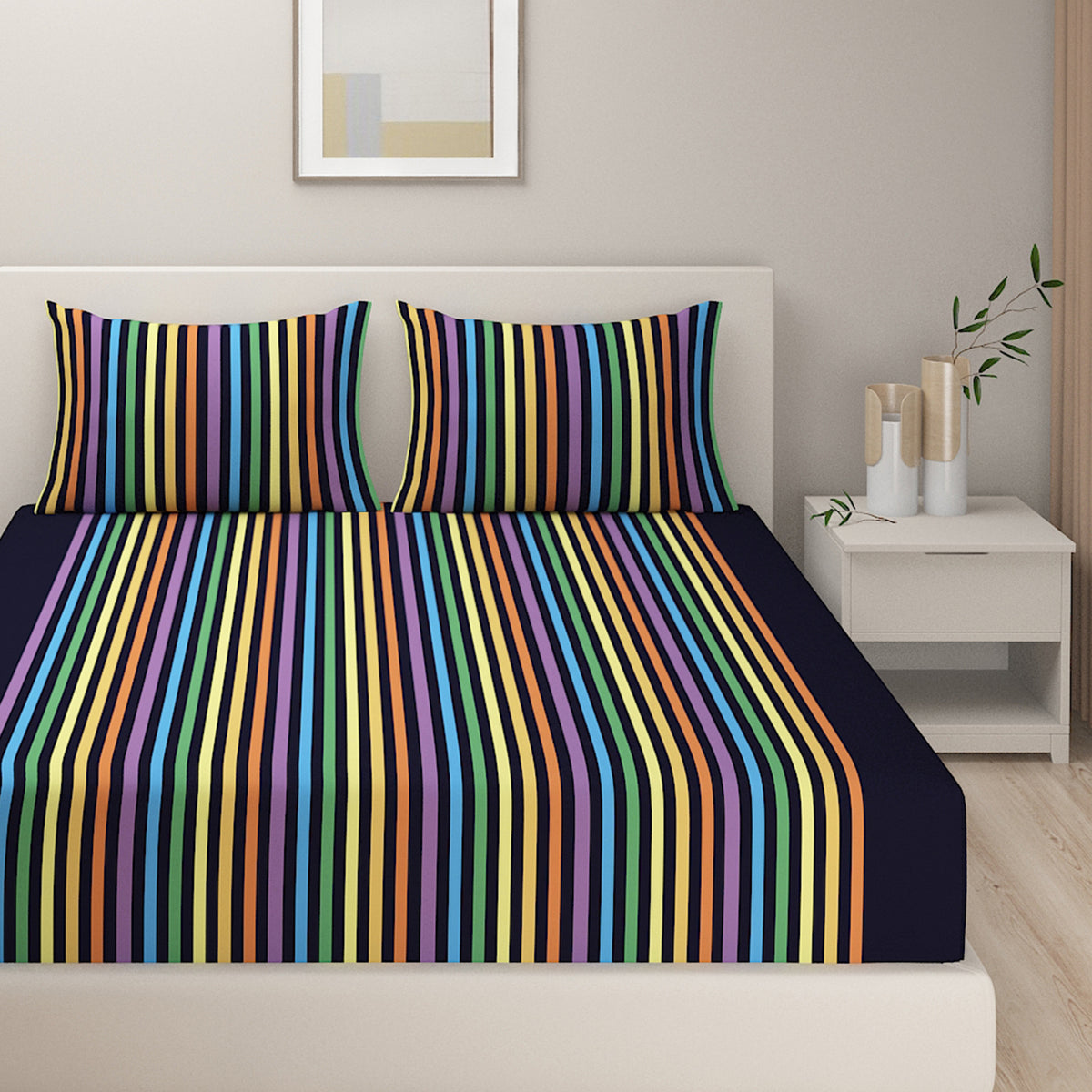 Midnight Rainbow Stripes 240 TC Pure Cotton Bedsheet Set with Pillow Cover