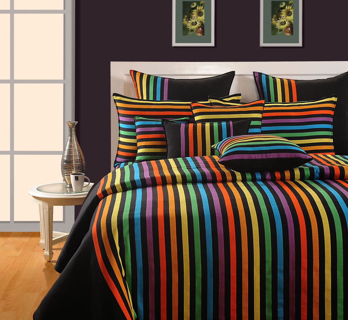 Midnight Rainbow Stripes 240 TC Pure Cotton Bedsheet Set with Pillow Cover