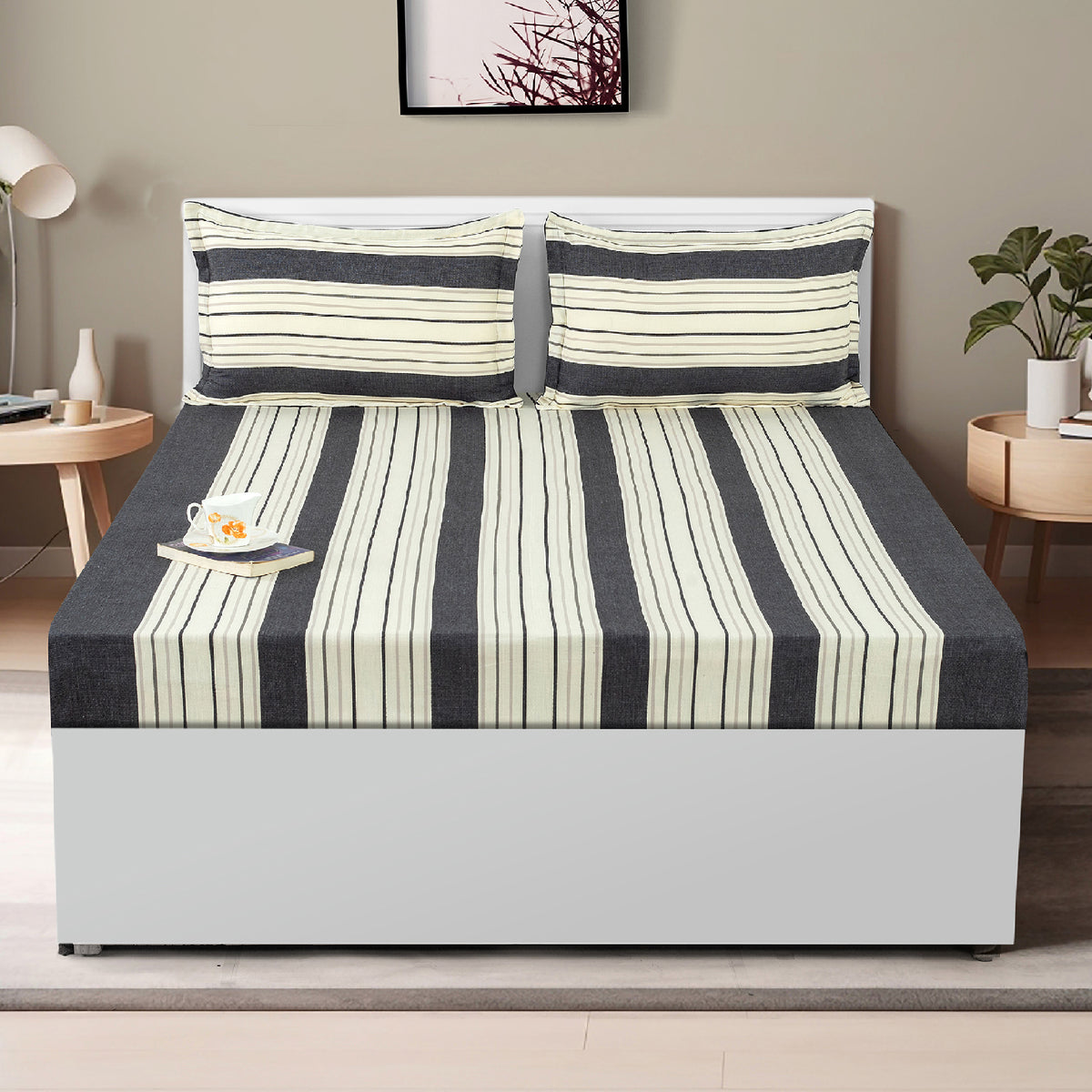 Charcoal Classic Stripe 240 TC Pure Cotton Bedsheet Set with Pillow Cover