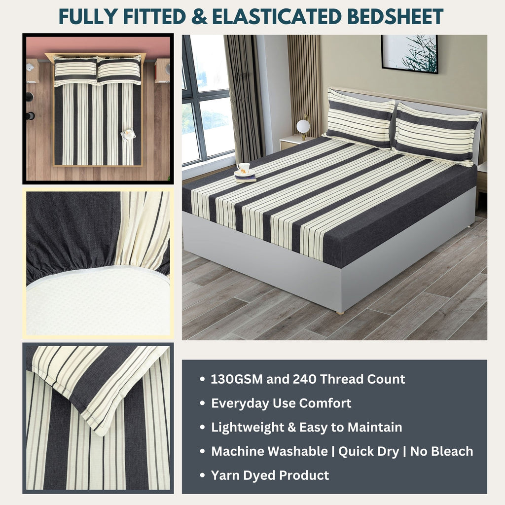 Charcoal Classic Stripe 240 TC Pure Cotton Bedsheet Set with Pillow Cover